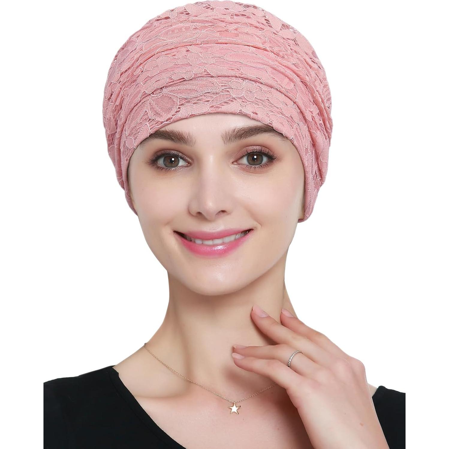 Gorro de Viscosa Rosa para Mujeres con Encaje para Dormir