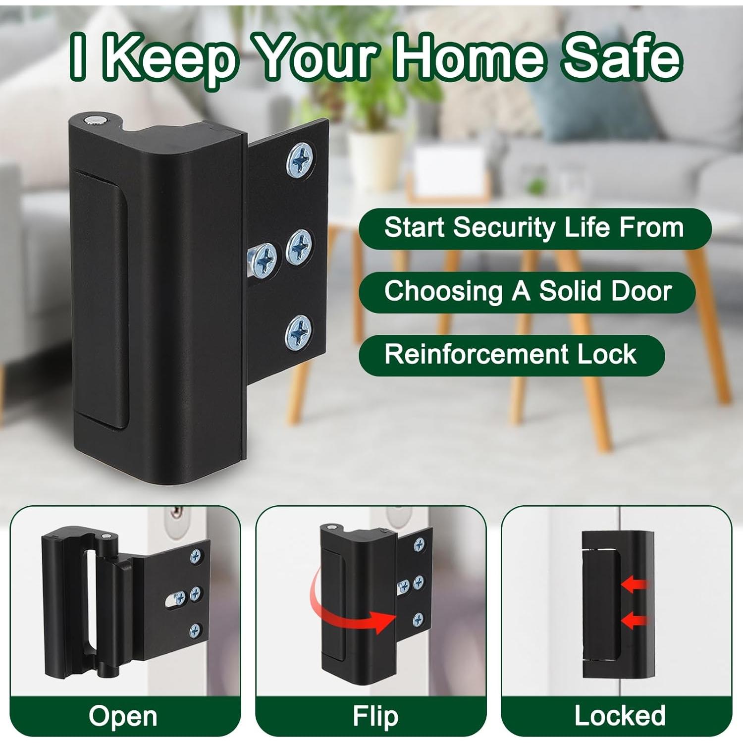 uxcell 4 Pack Home Security Door Lock, Door Reinforcement Lock 3 Inch Stop Withstand 800lbs, Front Door Kick in Security Protector for Inward Swinging Door, Black