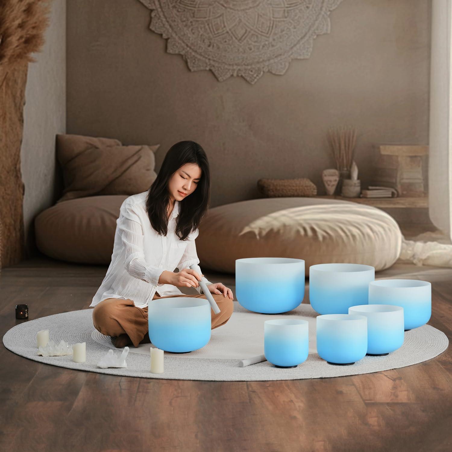 Set 7 Cuencos de Cuarzo 432HZ Azul 6-12 Pulgadas