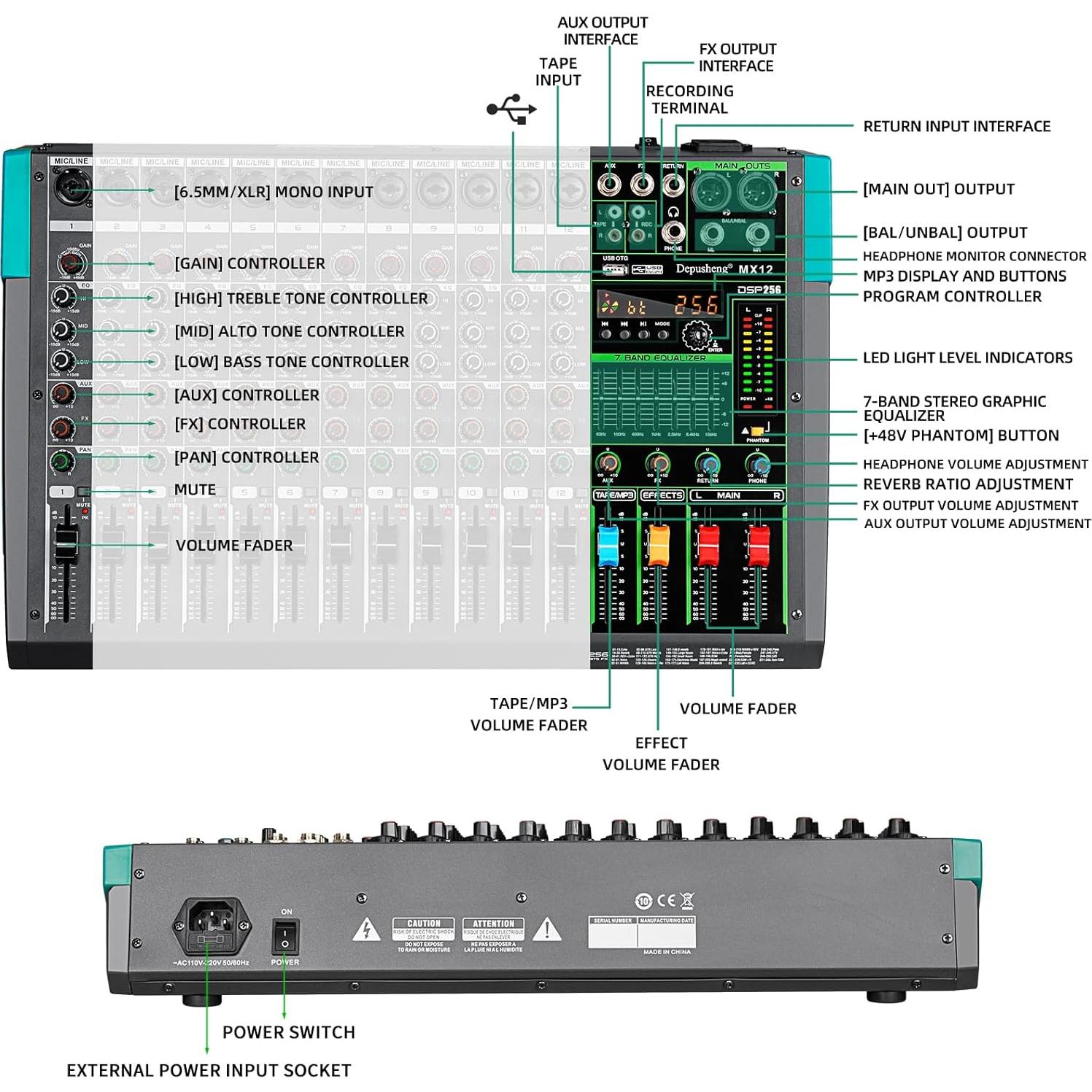Mezclador de Audio Depusheng MX12 12 Canales USB 48V DSP