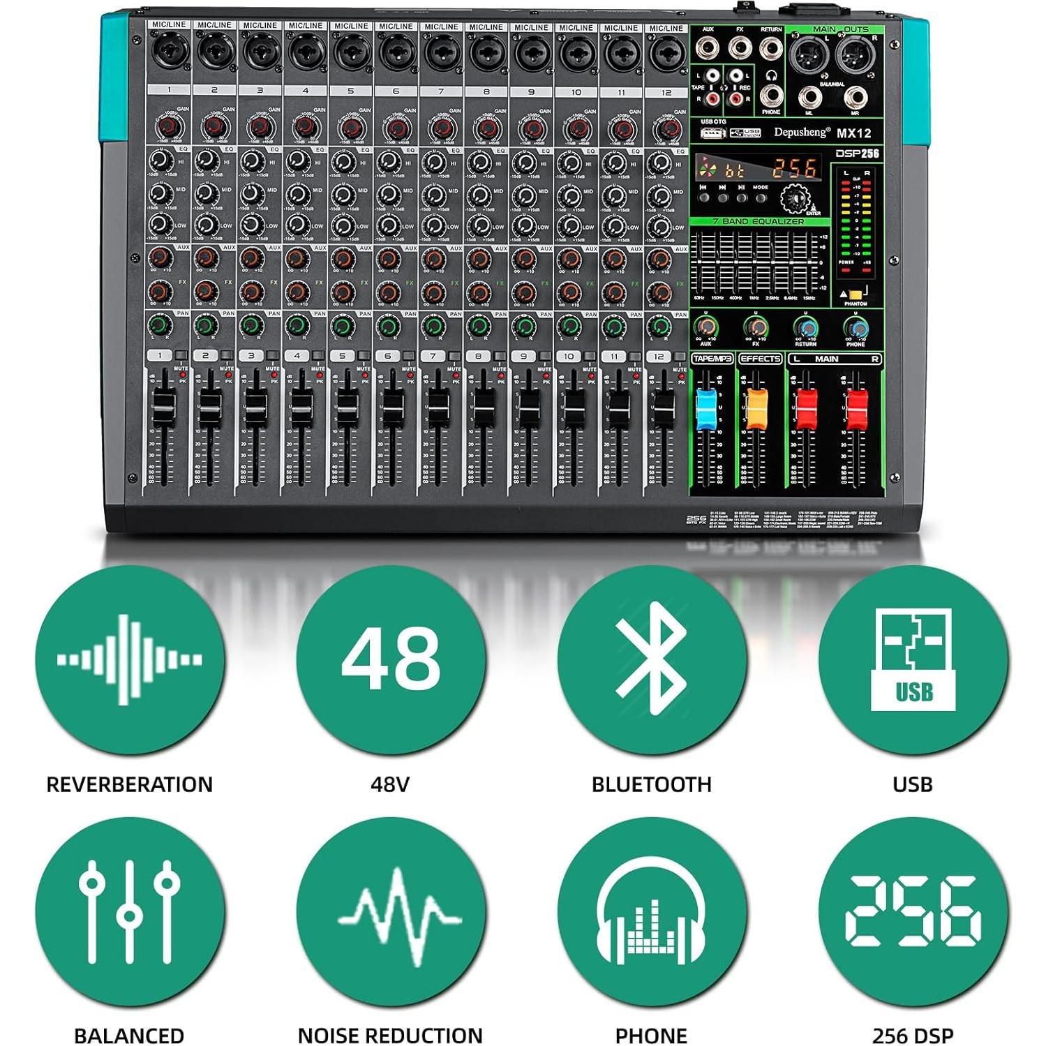 Mezclador de Audio Depusheng MX12 12 Canales USB 48V DSP