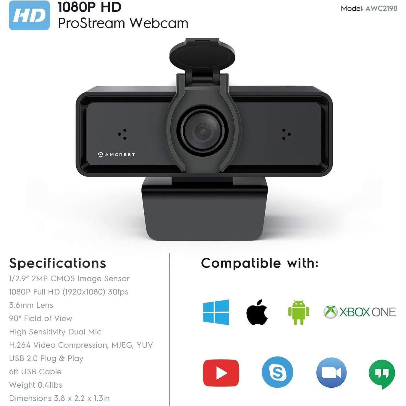 Cámara Web Amcrest AWC2198 1080P con Micrófonos y Clip