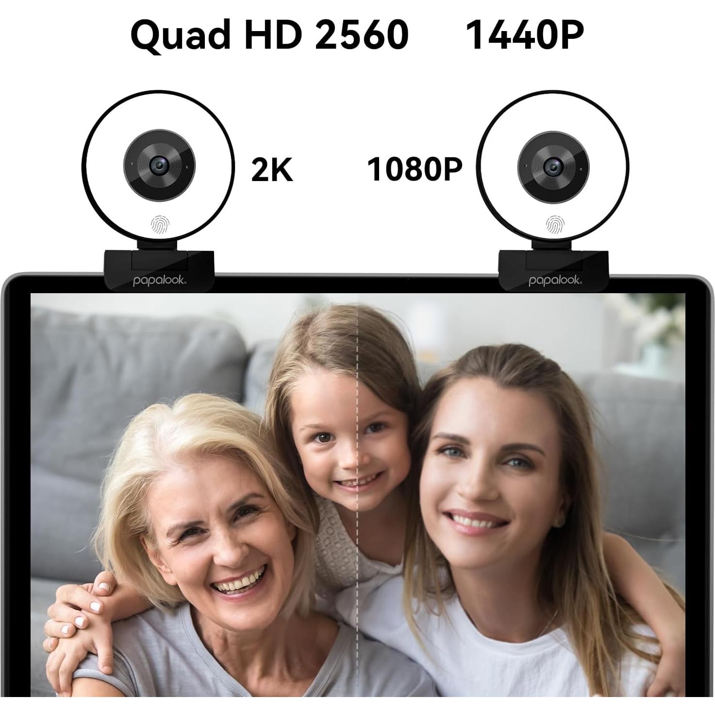 papalook 2K Webcam with Light and Privacy Cover, PA552 Full HD Streaming Web Camera with Dual Microphones, Plug and Play USB Computer Webcam for PC Laptop Desktop, Mac Zoom Skype Teams