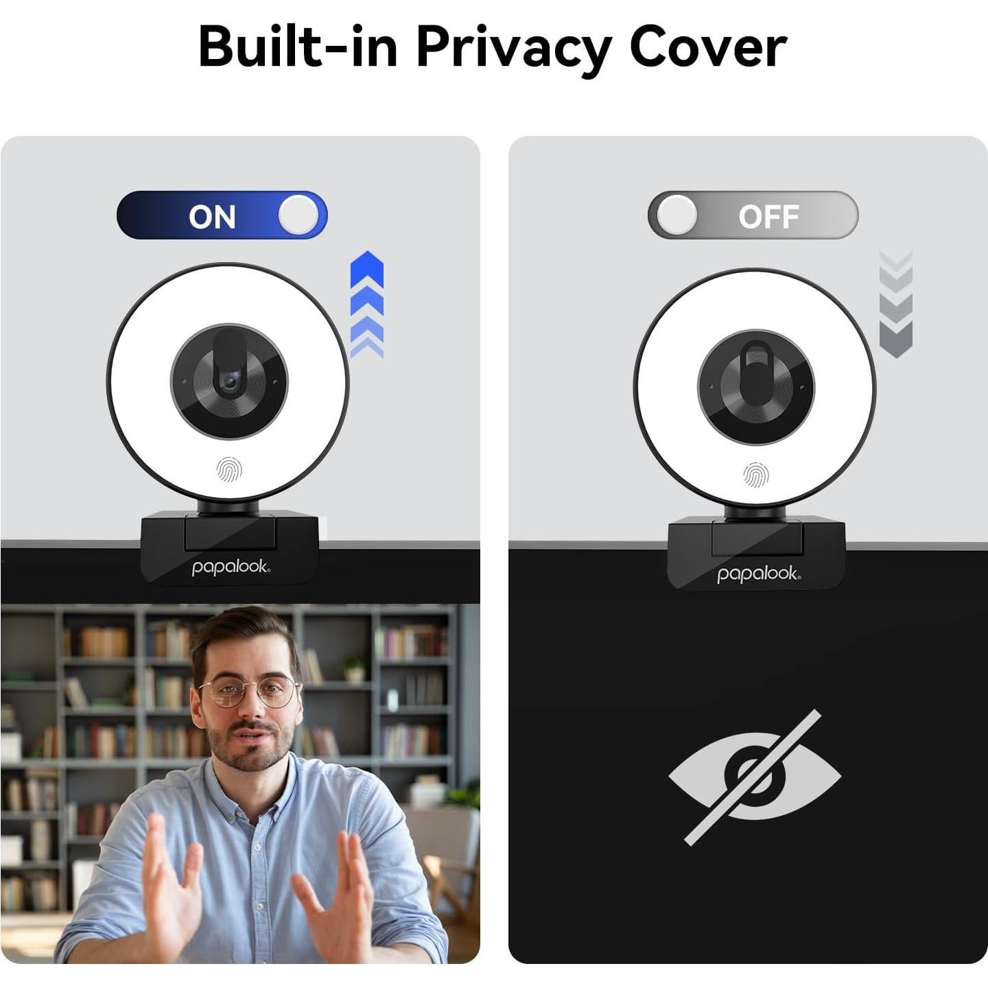 papalook 2K Webcam with Light and Privacy Cover, PA552 Full HD Streaming Web Camera with Dual Microphones, Plug and Play USB Computer Webcam for PC Laptop Desktop, Mac Zoom Skype Teams