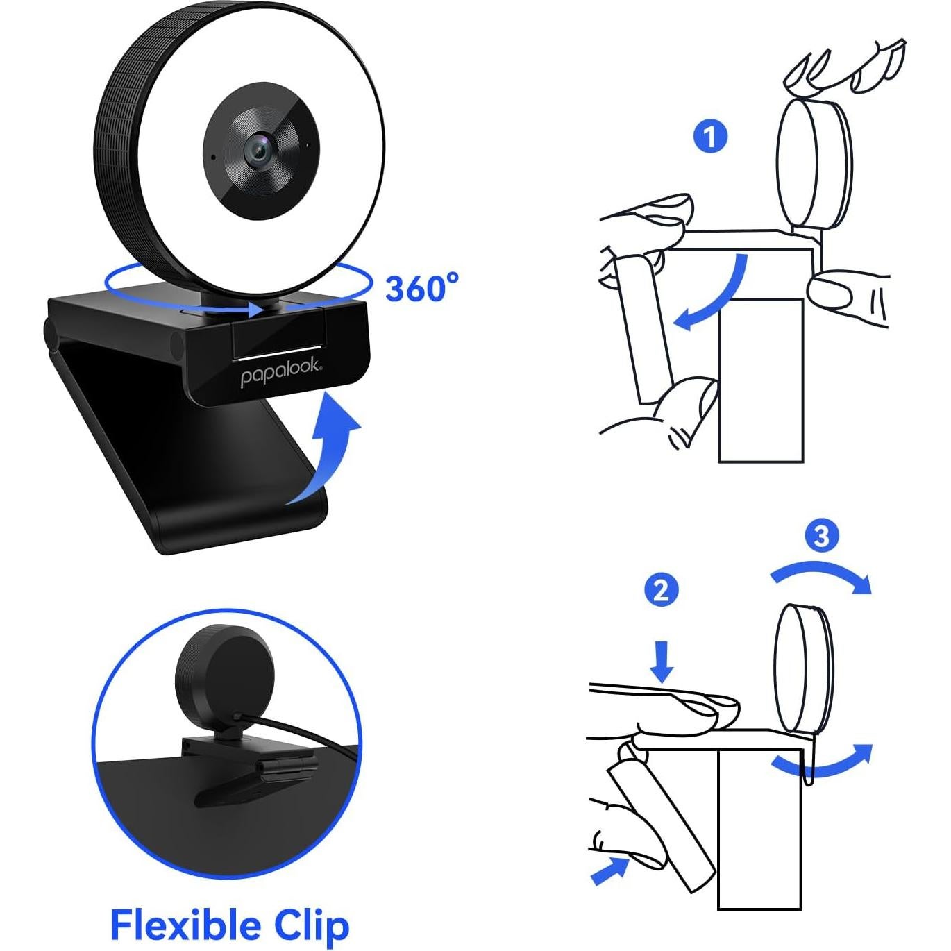 papalook 2K Webcam with Light and Privacy Cover, PA552 Full HD Streaming Web Camera with Dual Microphones, Plug and Play USB Computer Webcam for PC Laptop Desktop, Mac Zoom Skype Teams