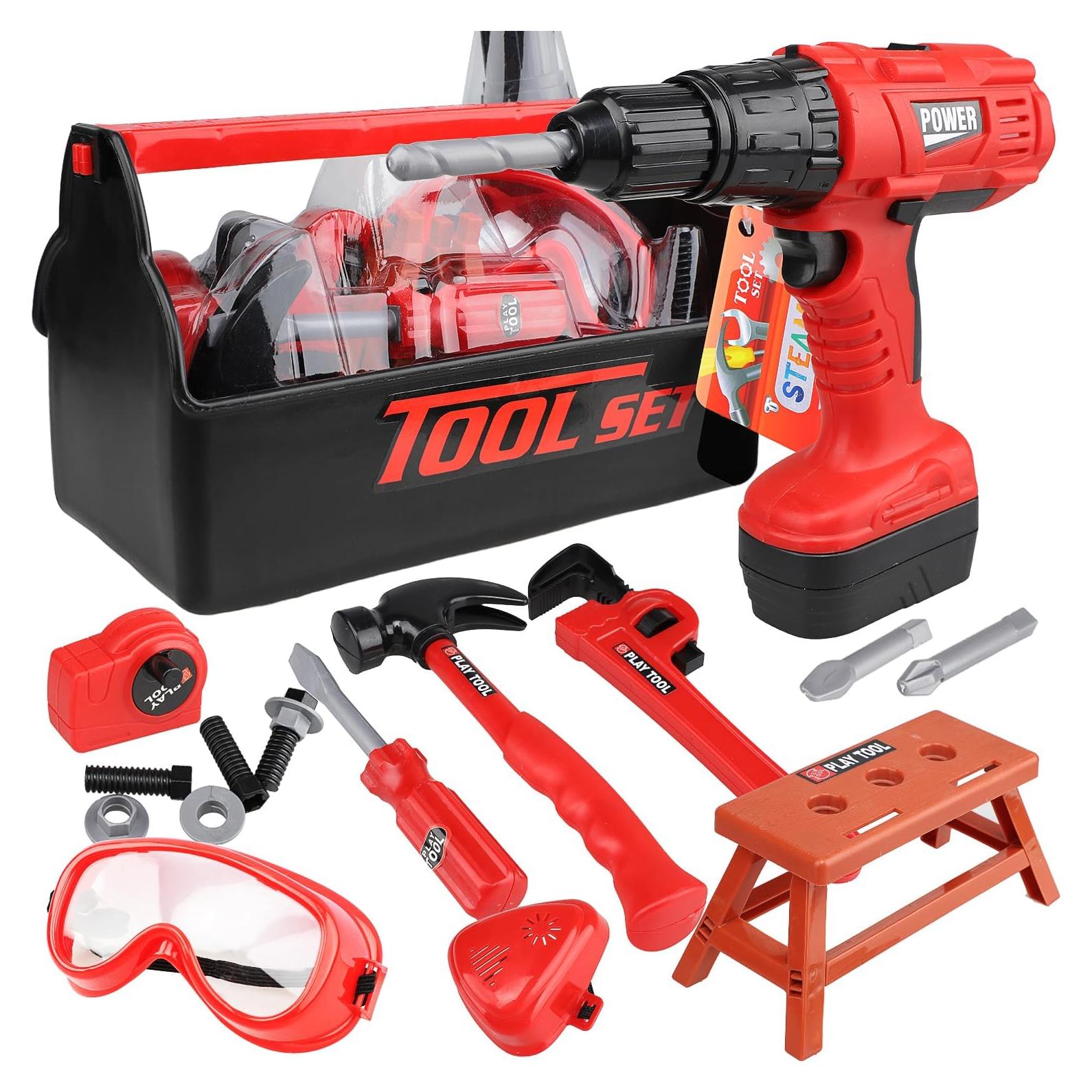 STEAM Life Kids Toy Set for Boys 3-5 with Power Drill, Tool Box, Hammer, Measure, Drill, Hammer, Measure