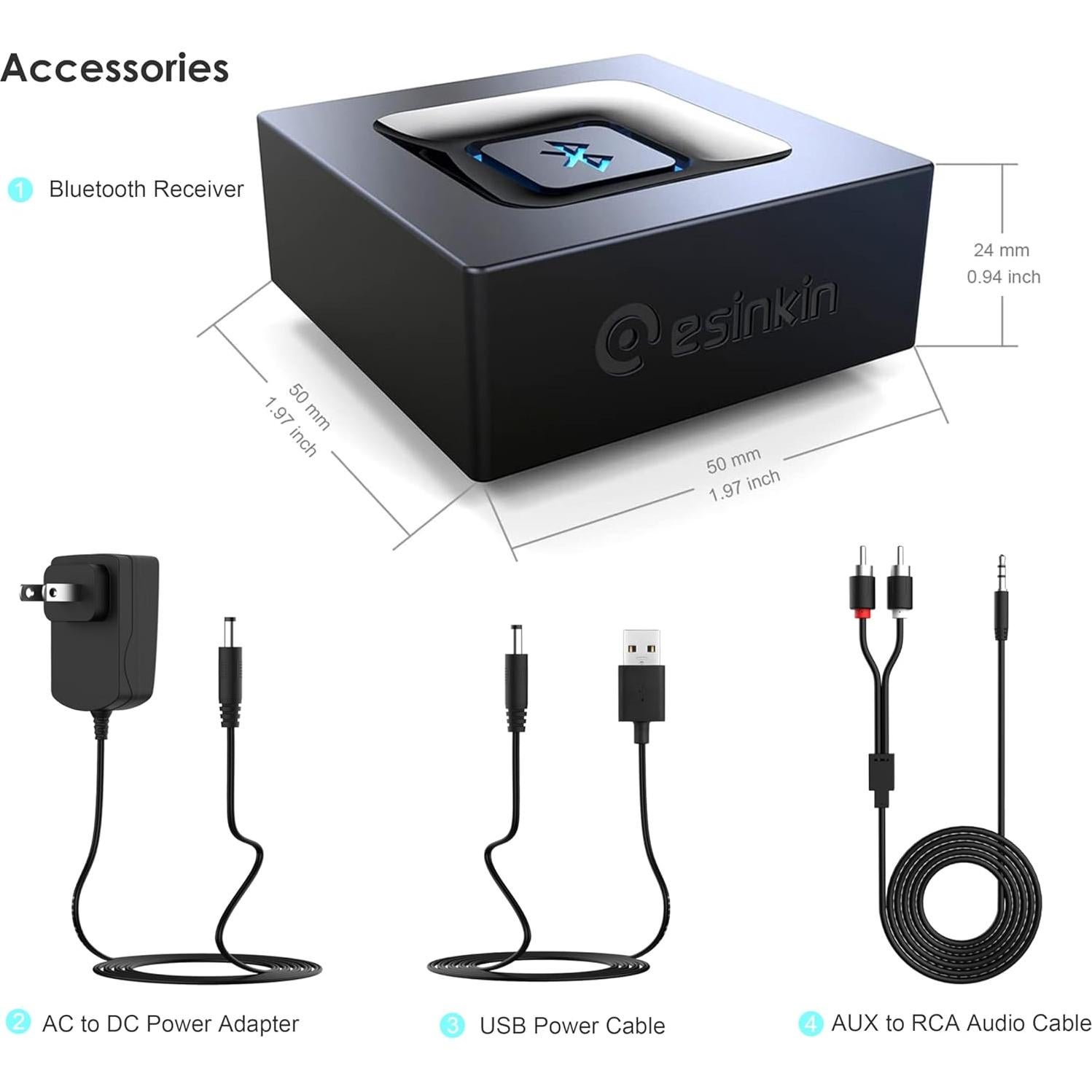 Bluetooth Audio Adapter for Music Streaming Sound System, Esinkin Wireless Audio Adapter Works with Smartphones and Tablets, Bluetooth Receiver for Home Stereo
