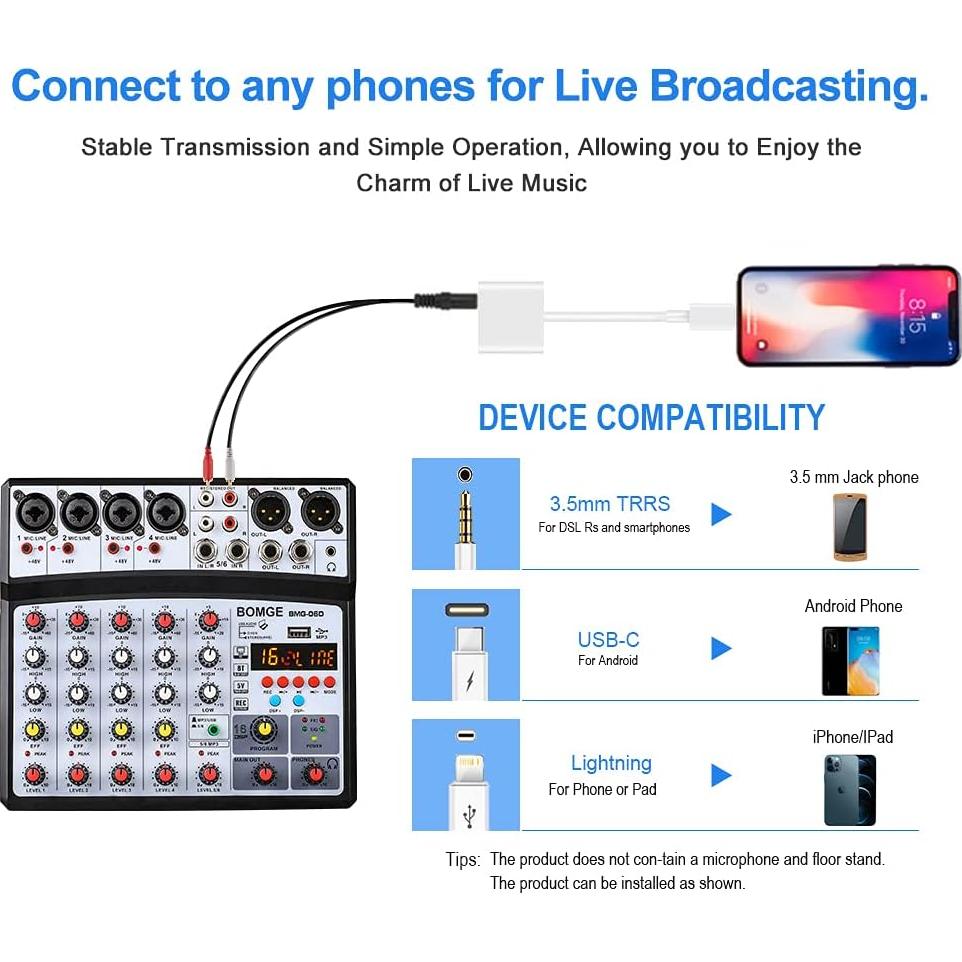 BOMGE Consola de Mezcla 6 Canales Bluetooth USB 48V