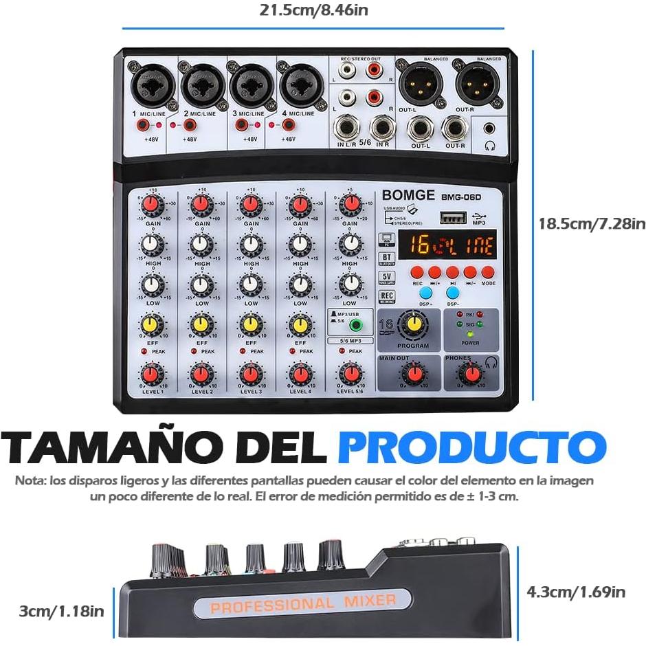 BOMGE Consola de Mezcla 6 Canales Bluetooth USB 48V
