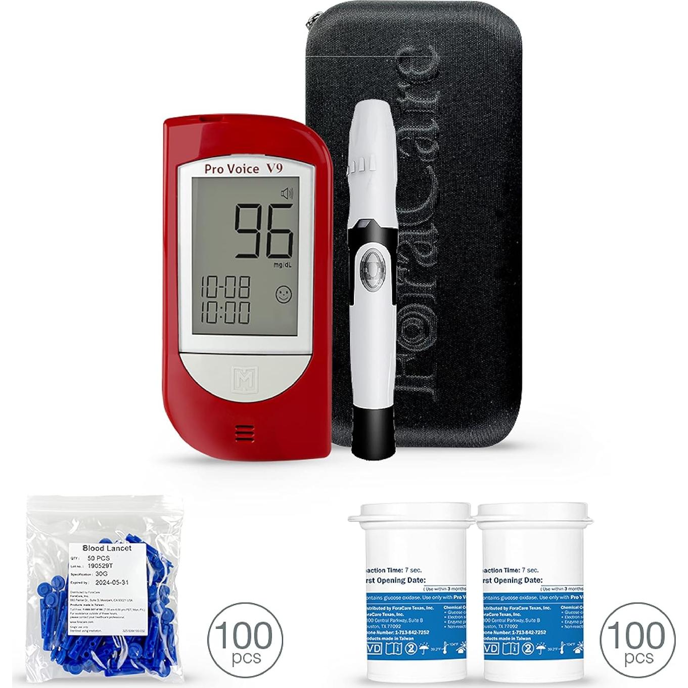 Kit de Prueba de Diabetes FORA Pro Voice V9 con Glucometro y 100 Tiras
