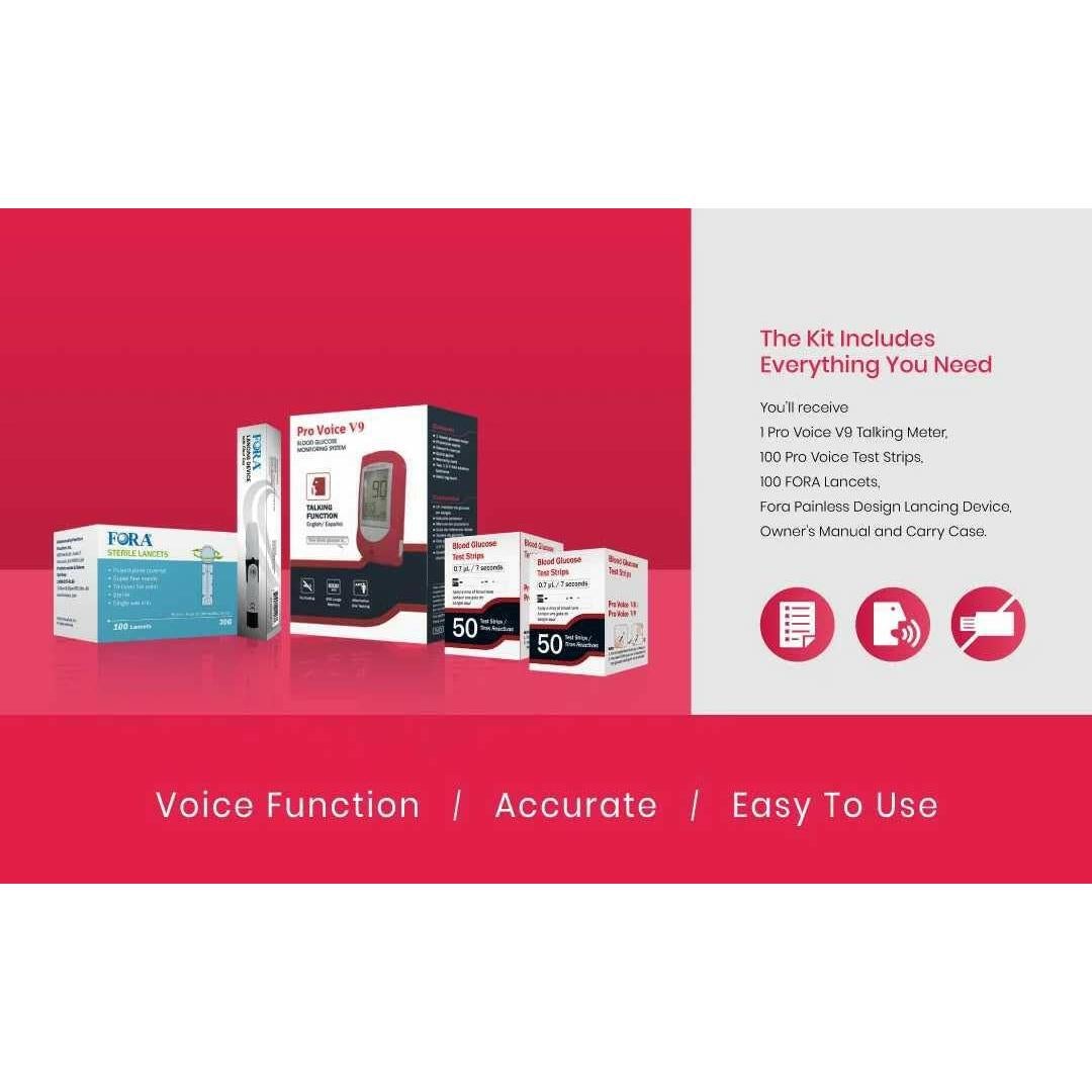 Kit de Prueba de Diabetes FORA Pro Voice V9 con Glucometro y 100 Tiras