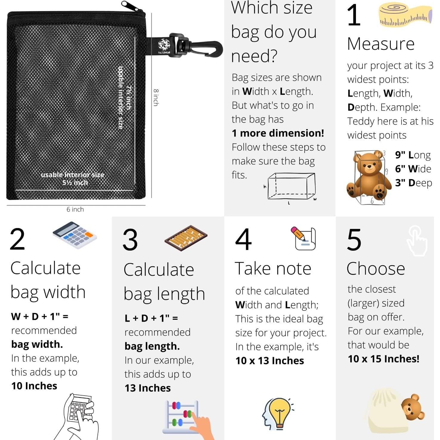 Bolsa de Malla con Cremallera y Clip Set de 4 - Negro 15x20 cm