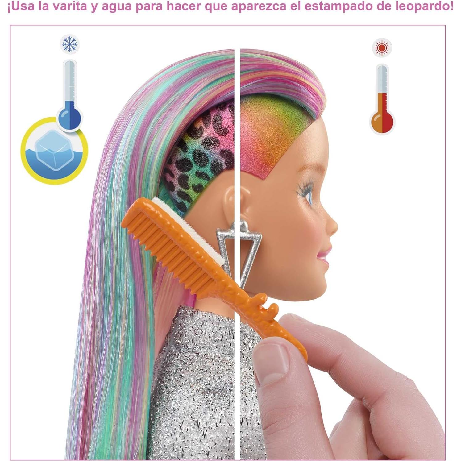 Muñeca Barbie Pelo Arcoíris Leopardo 30.4 cm con 16 Accesorios