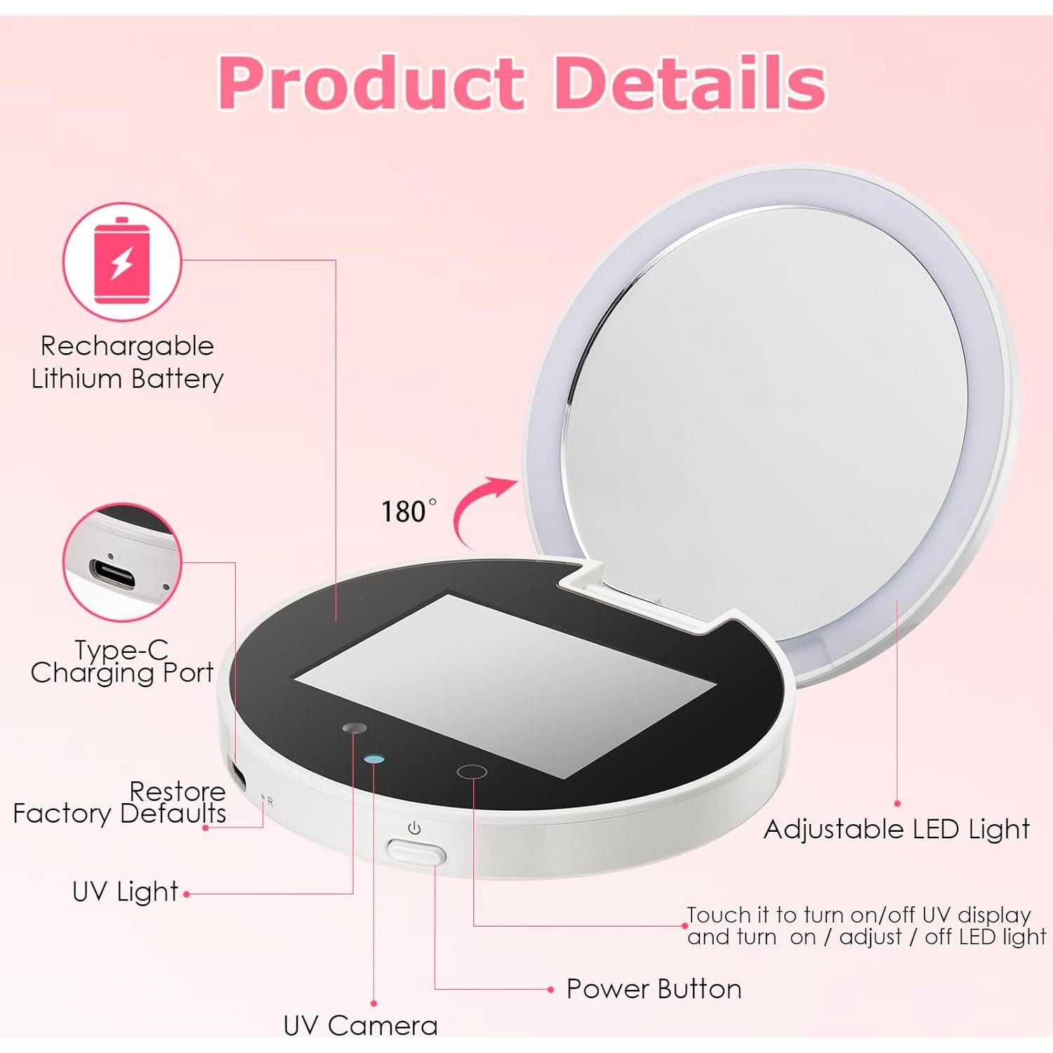 Espejo UV Vanexiss 3.8" Recargable con Aumento 2x y LED