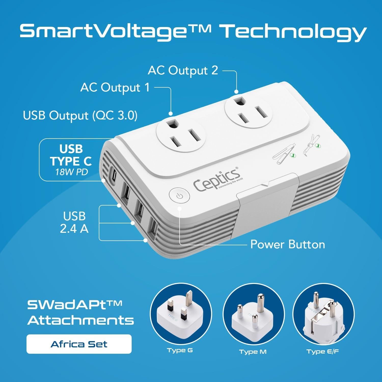 Convertidor de Voltaje Ceptics 200W 220V a 110V 6 USB