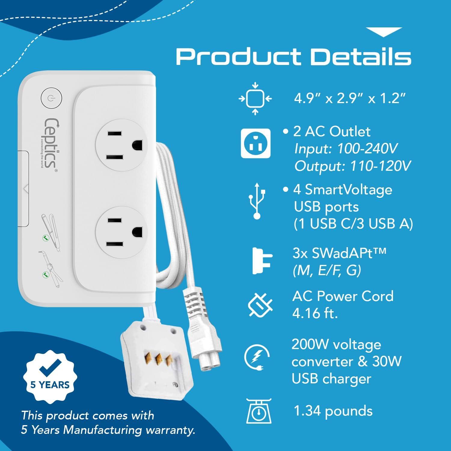 Convertidor de Voltaje Ceptics 200W 220V a 110V 6 USB