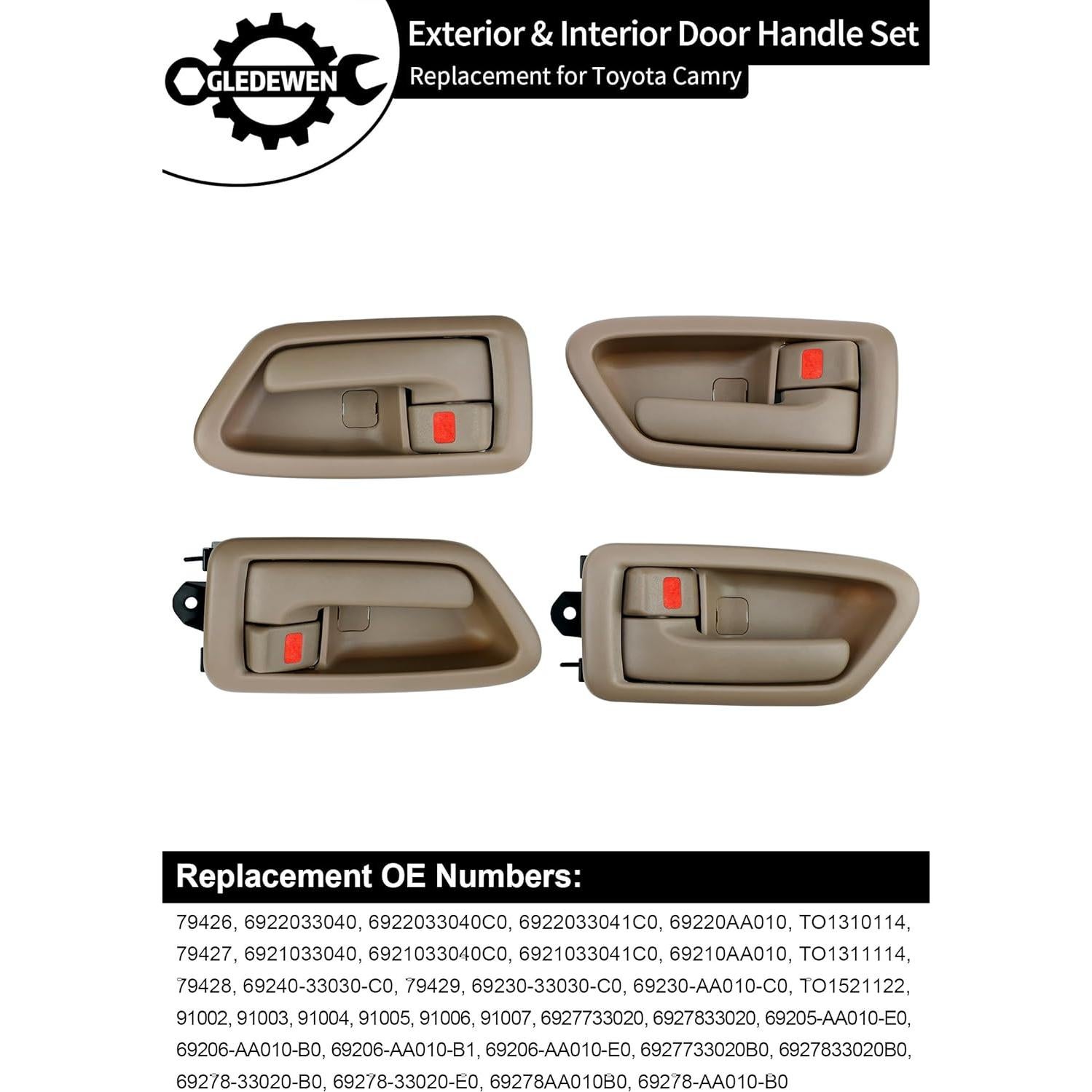 Gledewen Exterior & Interior Door Handle Set, Beige, Compatible with 1997-2001 Toyota Camry, Front & Rear & Left & Right, 6922033040, 6921033040, 6927733020, 6927833020, Driver Passenger Handle