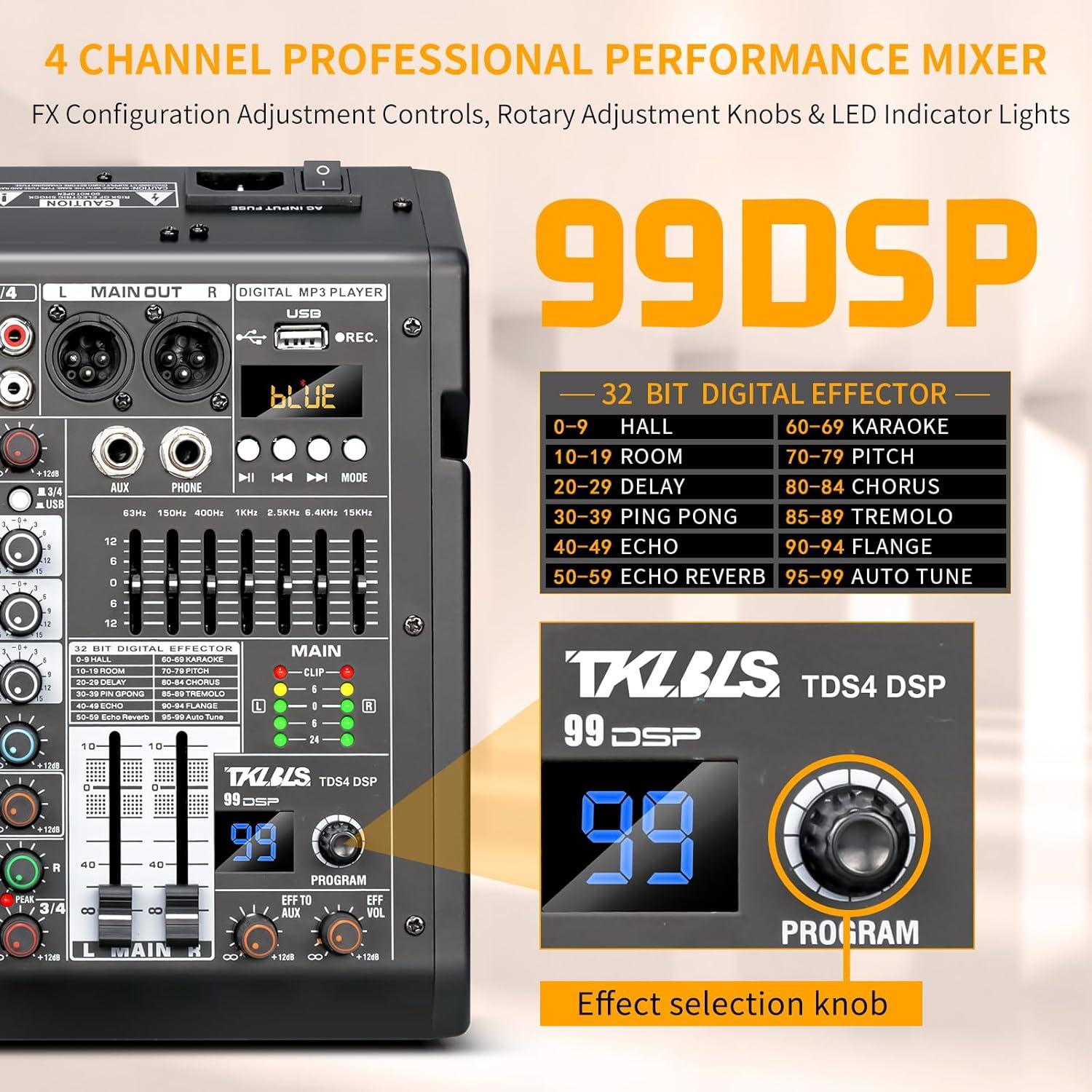 Mezclador de Audio TKLBLS TDS-4DSP 4 Canales con Bluetooth