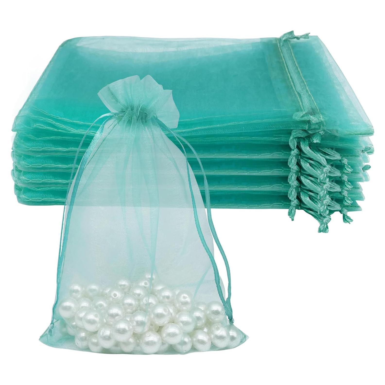 100 Bolsas de Organza Teal 10x15 cm con Cierre de Cuerda