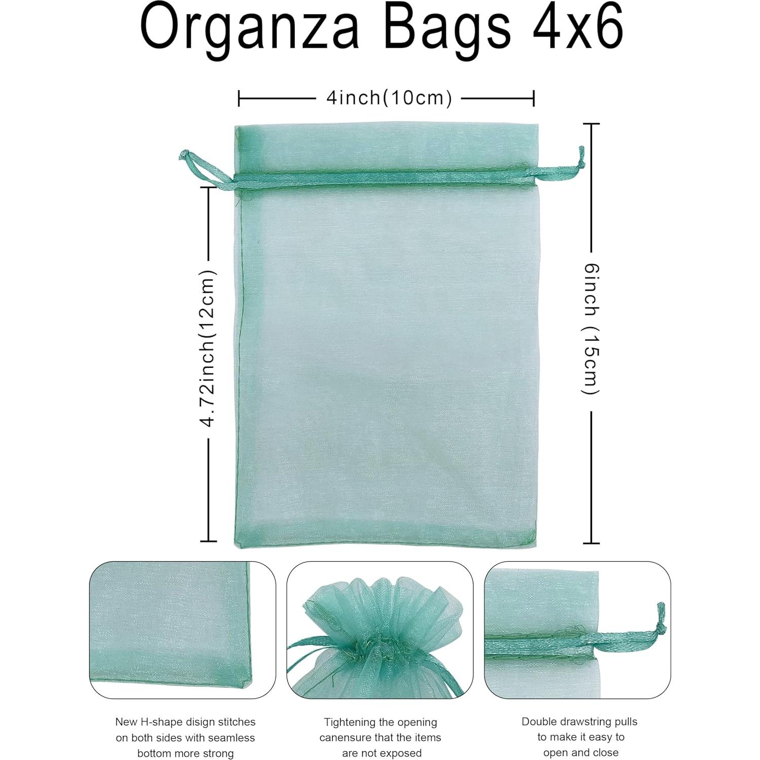 100 Bolsas de Organza Teal 10x15 cm con Cierre de Cuerda