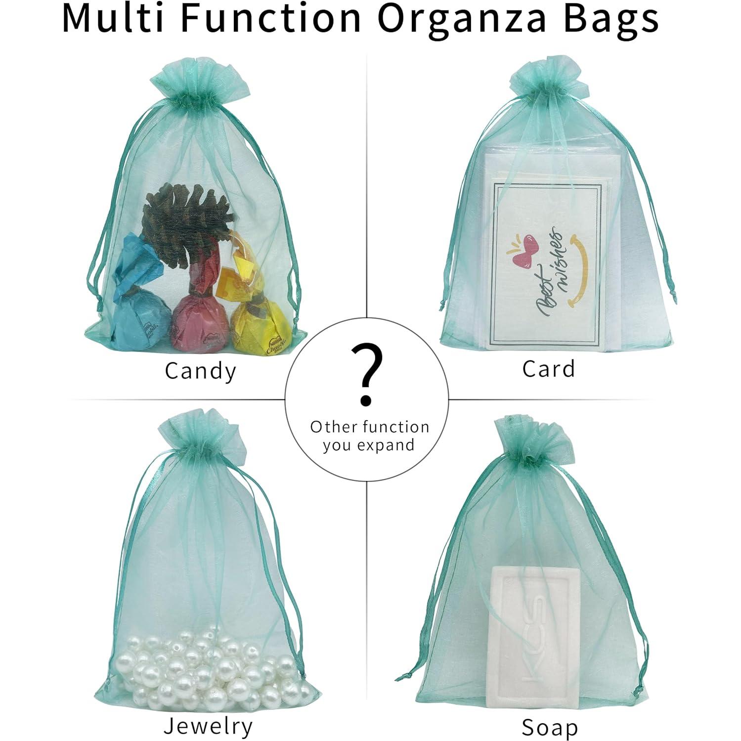 100 Bolsas de Organza Teal 10x15 cm con Cierre de Cuerda