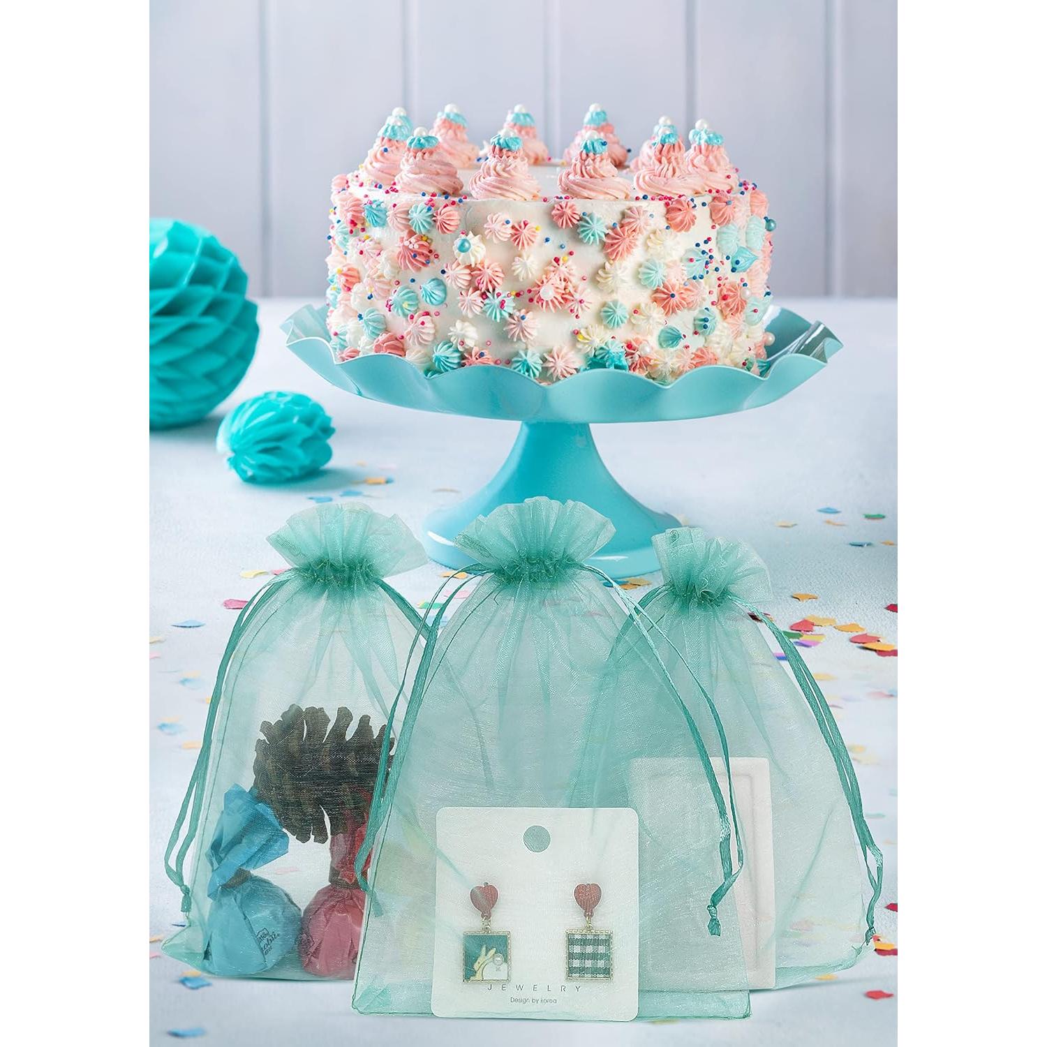 100 Bolsas de Organza Teal 10x15 cm con Cierre de Cuerda
