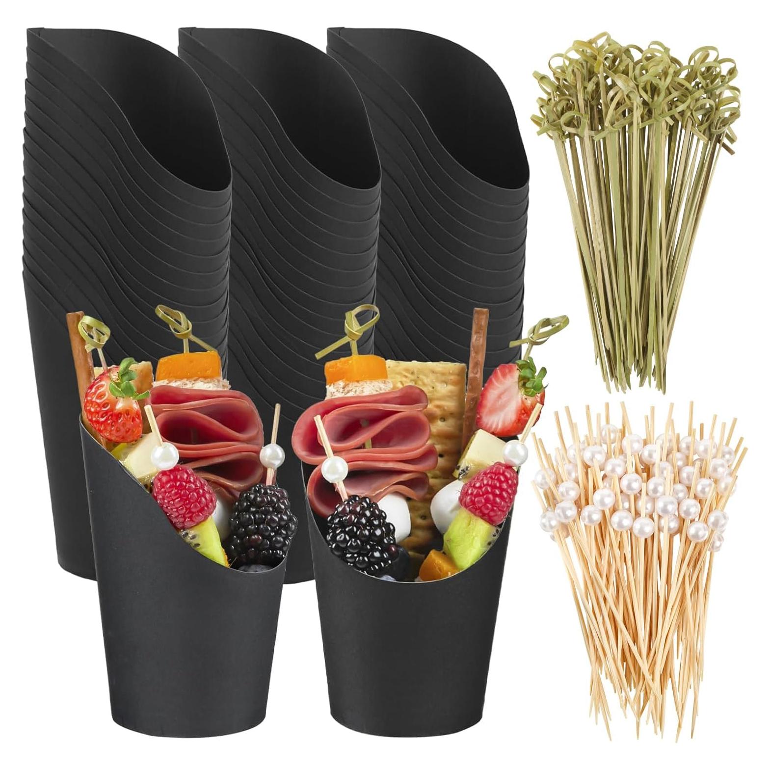 Copa de Charcutería Ocmoiy Negra Desechable 414ml - 50 Tazas + 200 Palitos