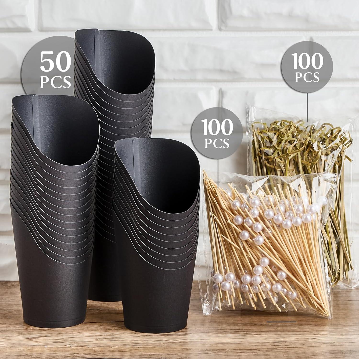 Copa de Charcutería Ocmoiy Negra Desechable 414ml - 50 Tazas + 200 Palitos