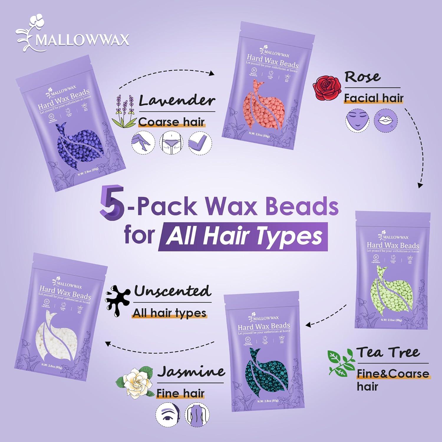 Kit de Perlas de Cera Dura Mallowwax - 5 Aromas para Depilación