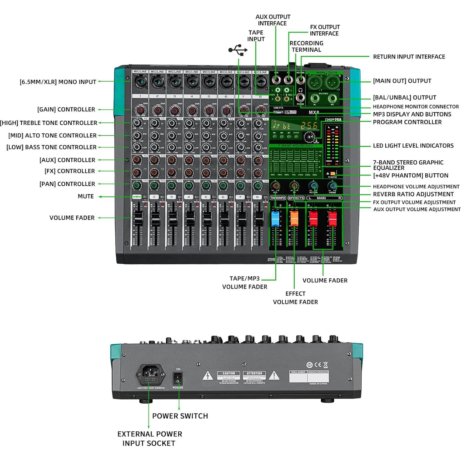 Depusheng MX8 Mezclador de Sonido 8 Canales USB 256DSP