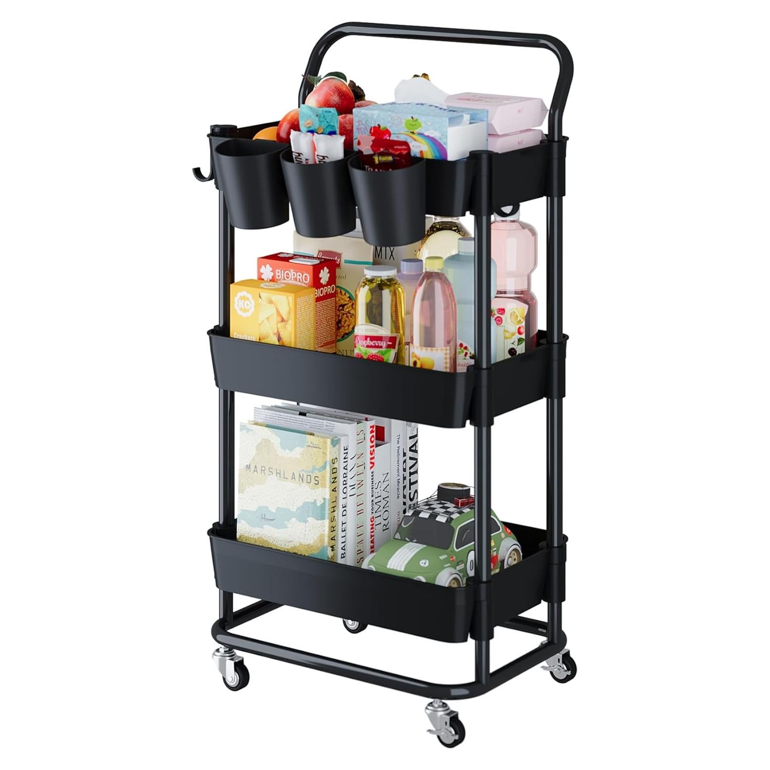 Carro de Almacenamiento Buzowruil 3 Niveles Negro con Ruedas