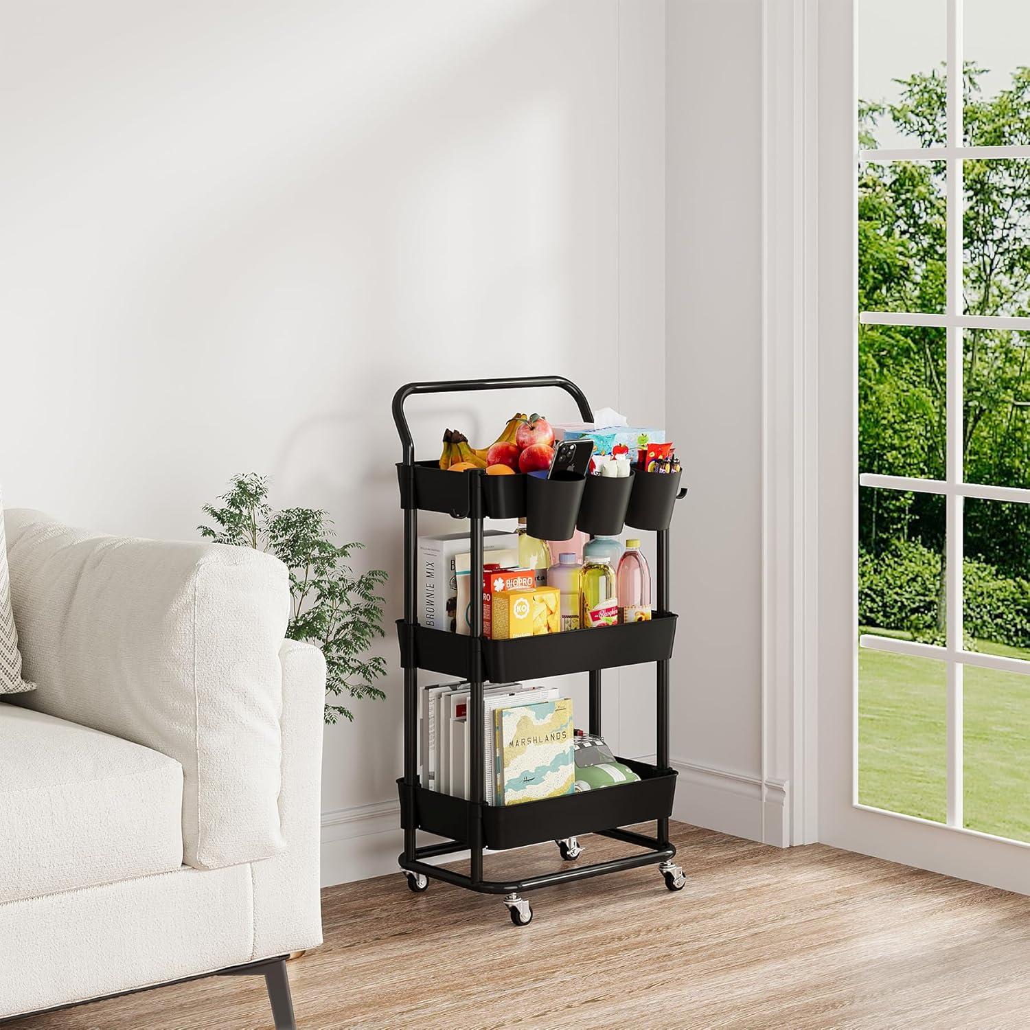 Carro de Almacenamiento Buzowruil 3 Niveles Negro con Ruedas