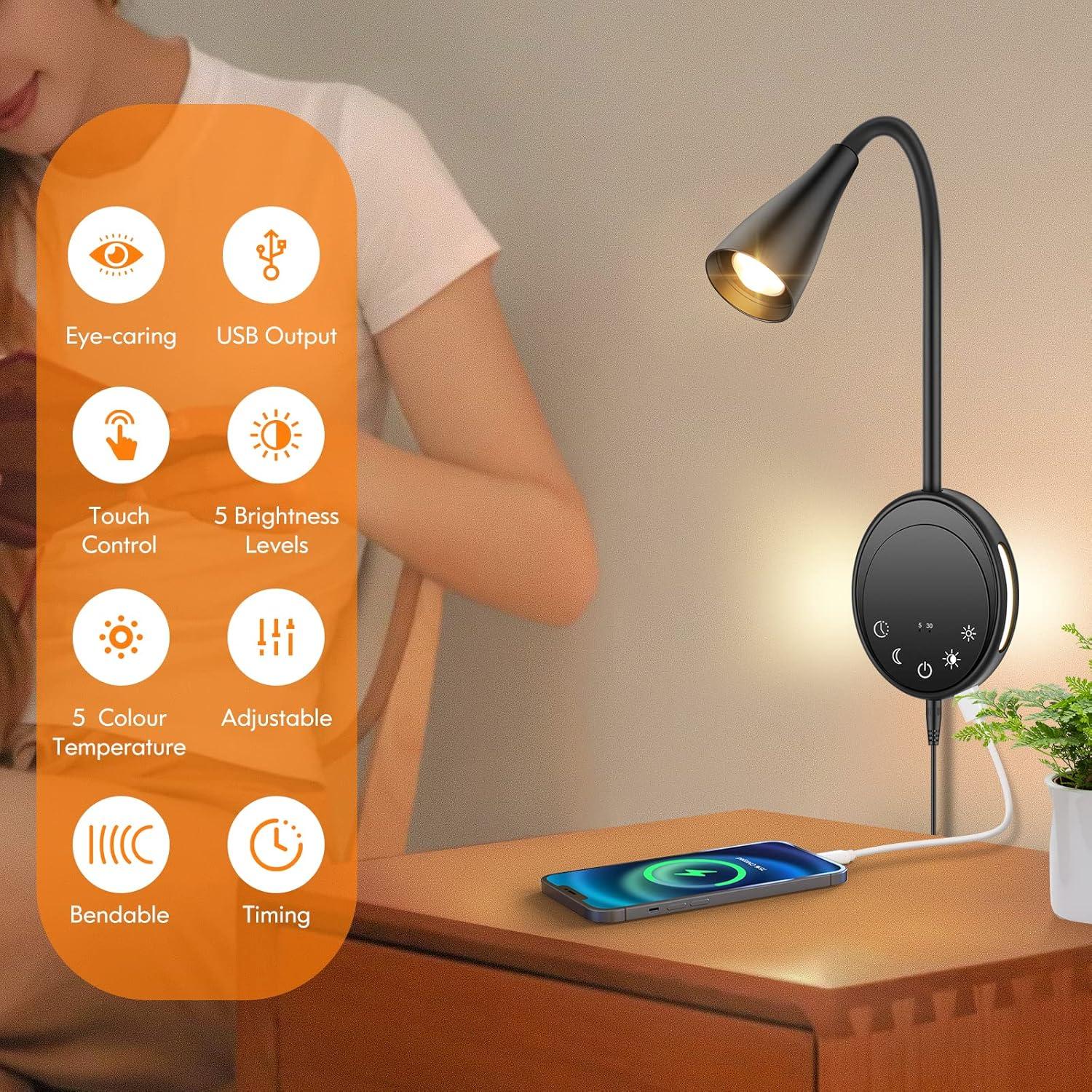 Luz de Lectura LED Montada en Pared SANKEDOU con USB y 5 Niveles