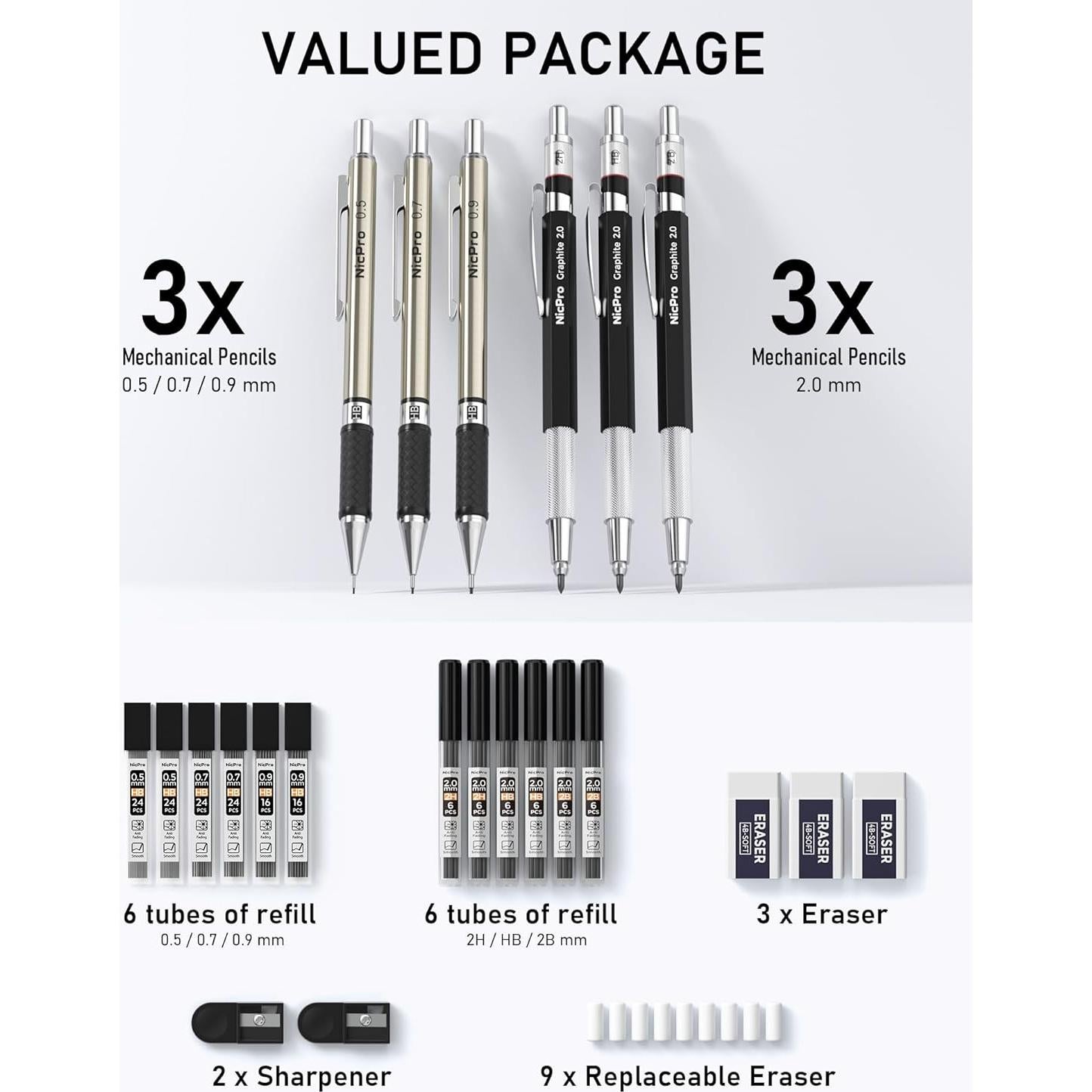 Conjunto de Lápices Mecánicos Nicpro 6PCS 0.5-0.9mm y 2mm