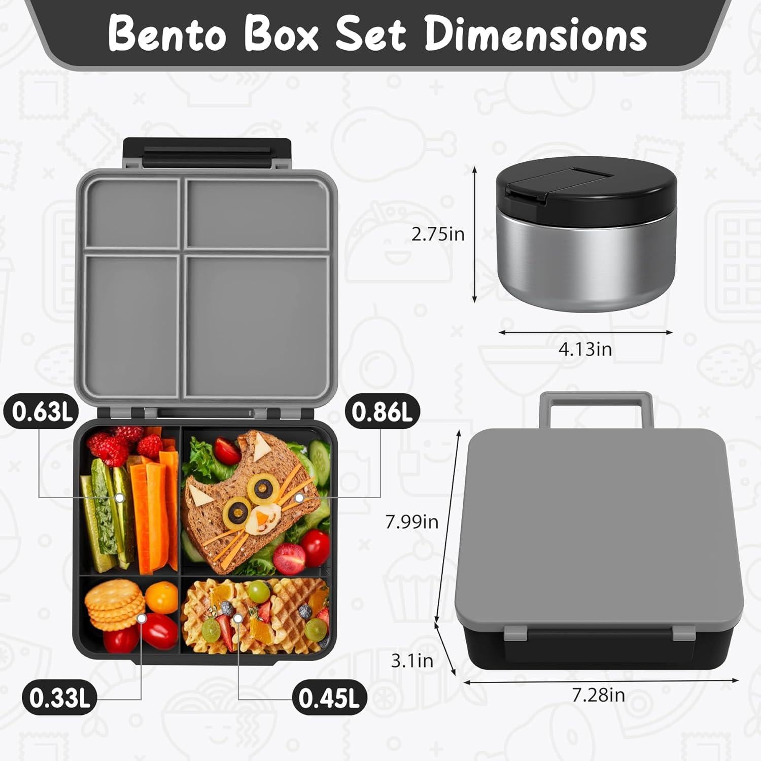 Caja de Almuerzo Bento Negra con Termo Aislado 227g 4 Compartimentos