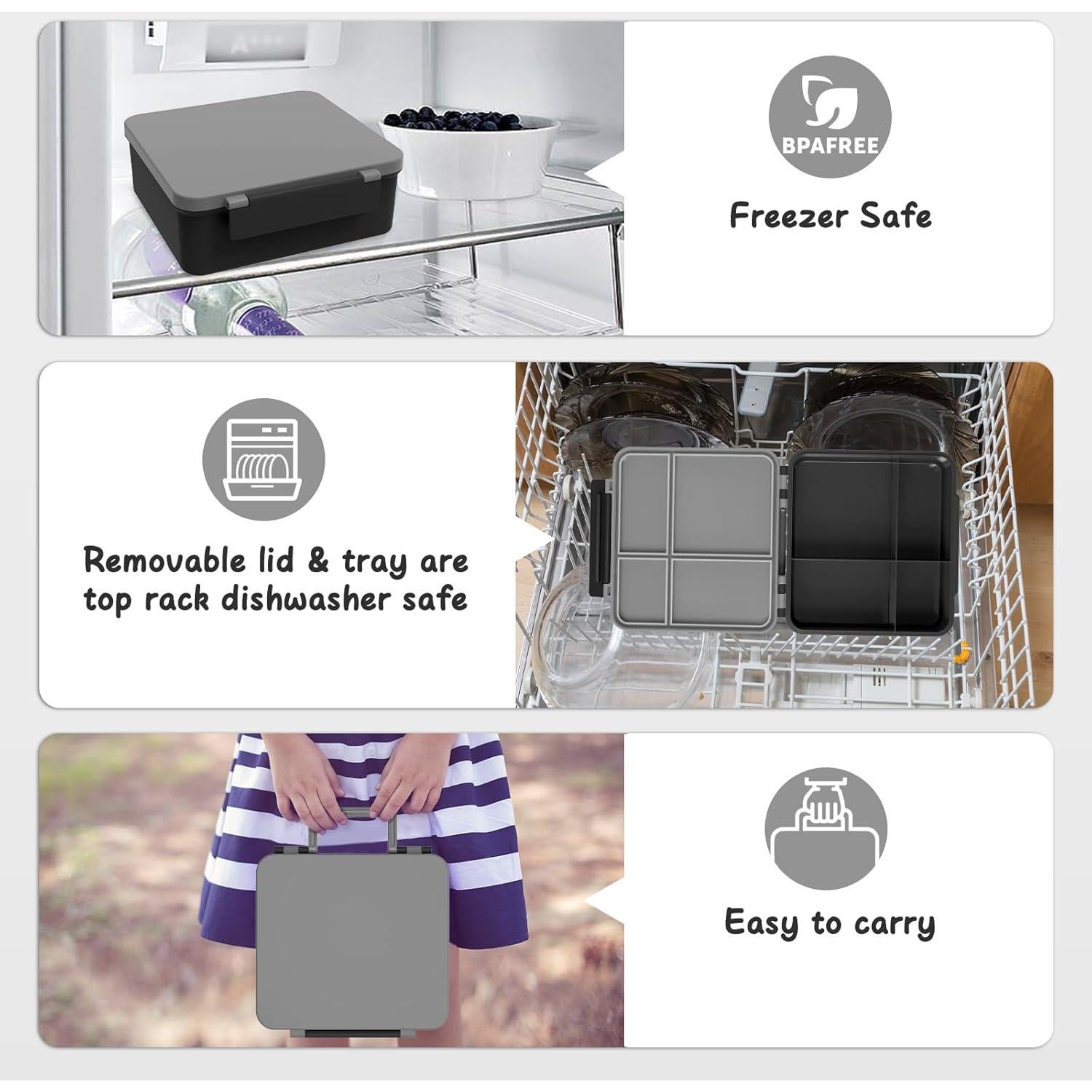 Caja de Almuerzo Bento Negra con Termo Aislado 227g 4 Compartimentos