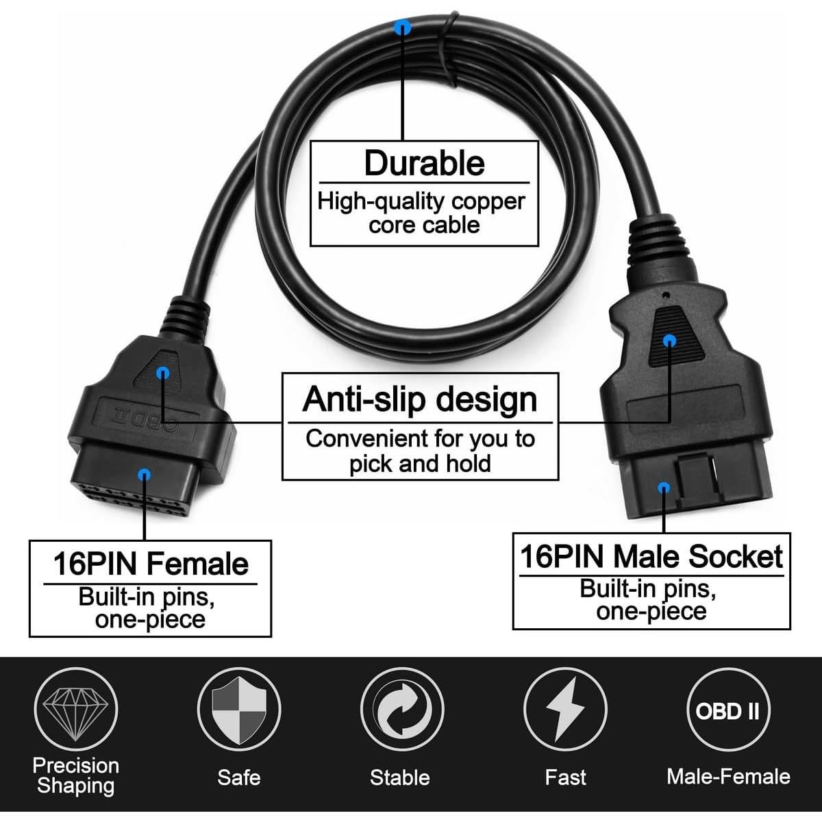 4.9ft -1.5m OBD-II OBD2 16 Pin Auto Car Male to Female Extension Cable Diagnostic Extender Cord Adapter