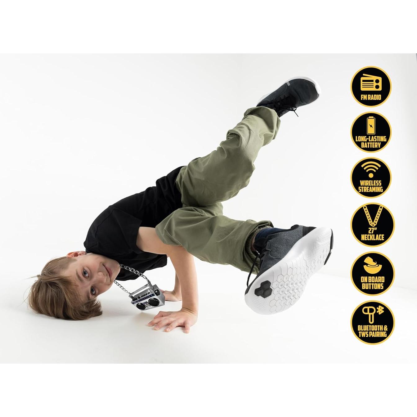 Portable Mini Bluetooth Wireless Speaker Retro Wearable Boombox, 27 Inch Necklace, FM Radio, On Board Buttons, Dual 6W Peek Power Micro Speakers, Long Lasting Battery