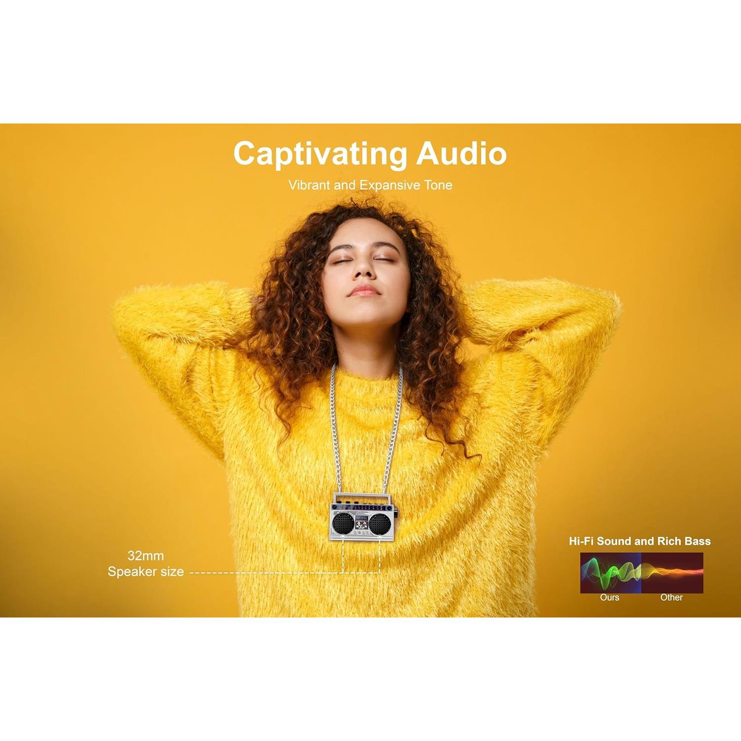 Portable Mini Bluetooth Wireless Speaker Retro Wearable Boombox, 27 Inch Necklace, FM Radio, On Board Buttons, Dual 6W Peek Power Micro Speakers, Long Lasting Battery