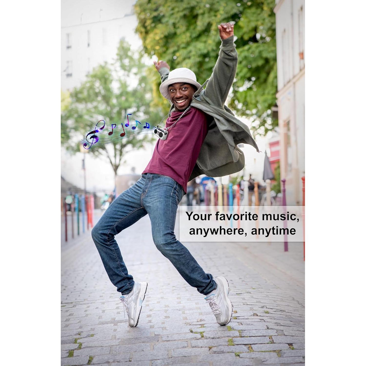 Portable Mini Bluetooth Wireless Speaker Retro Wearable Boombox, 27 Inch Necklace, FM Radio, On Board Buttons, Dual 6W Peek Power Micro Speakers, Long Lasting Battery