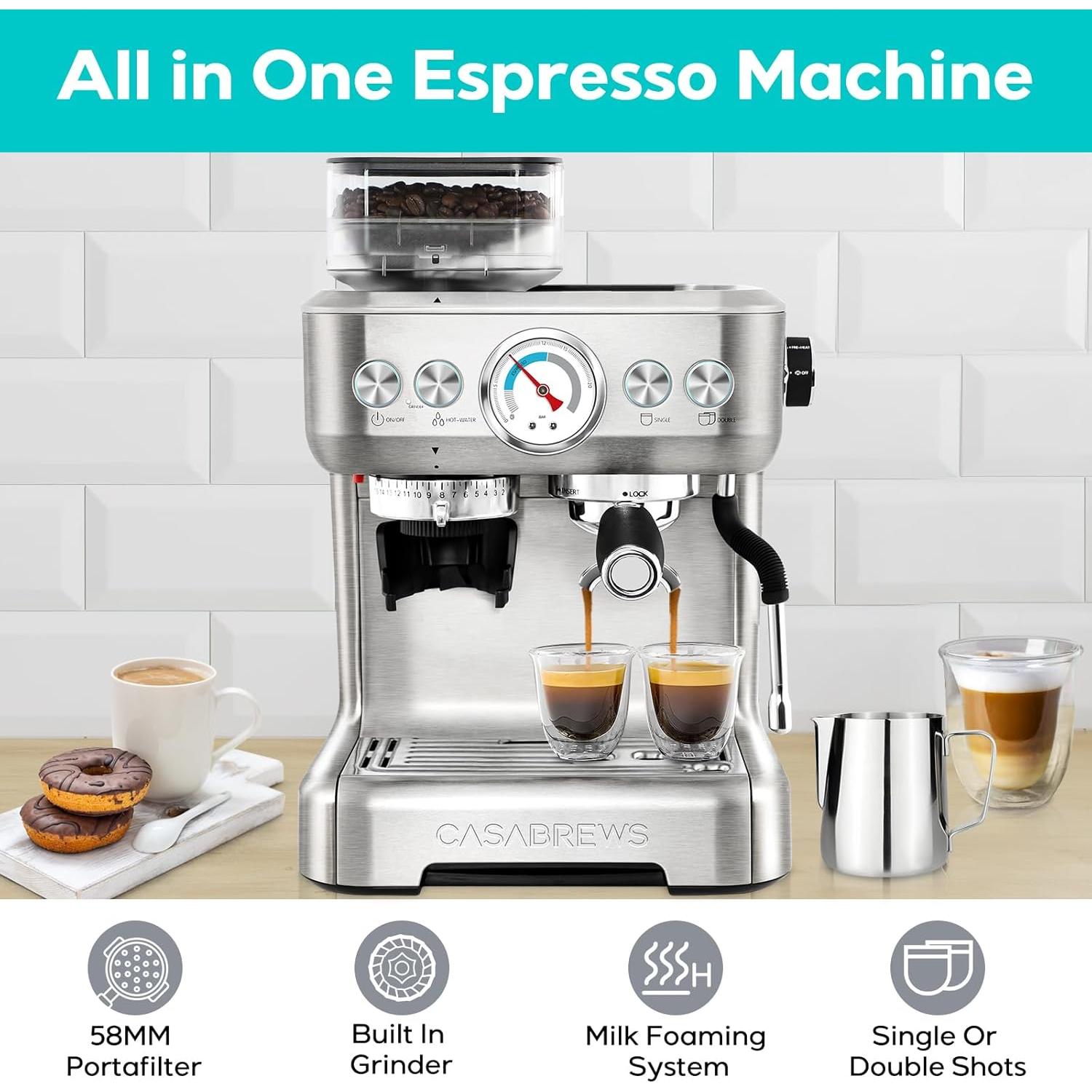 Máquina de Espresso CASABREWS 5700Gense con Molinillo y Varilla de Vapor