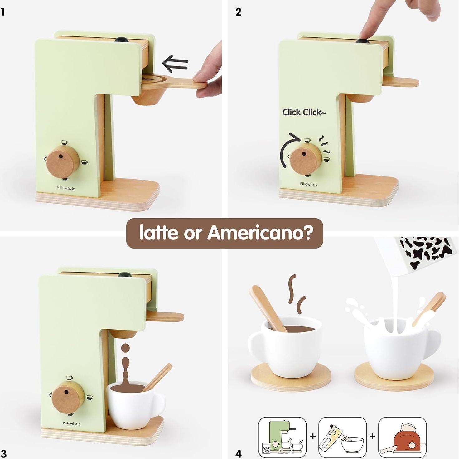 Kids Coffee Maker Playset,Wooden Toy Toaster,Toy Mixer,3-in-1 Kids Kitchen Playset,Pretend Play Kitchen Accessories,Wooden Kitchen Sets for Kids Toddlers Boys Girls Ages 3+