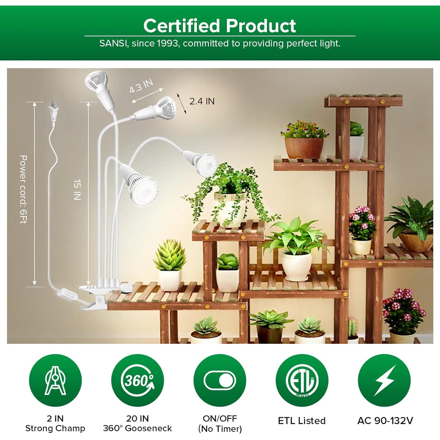 Luz LED de Cultivo SANSI 40W con Brazo Flexible y Espectro Completo