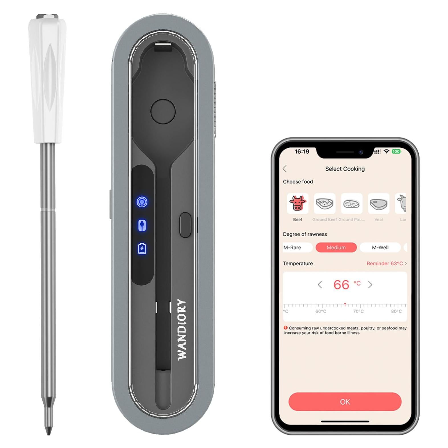 Termómetro de Carne Inalámbrico WANDiORY Bluetooth IPX8