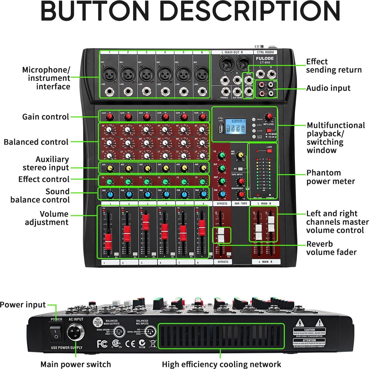 Mezclador de Audio FULODE CT60 6 Canales Bluetooth USB