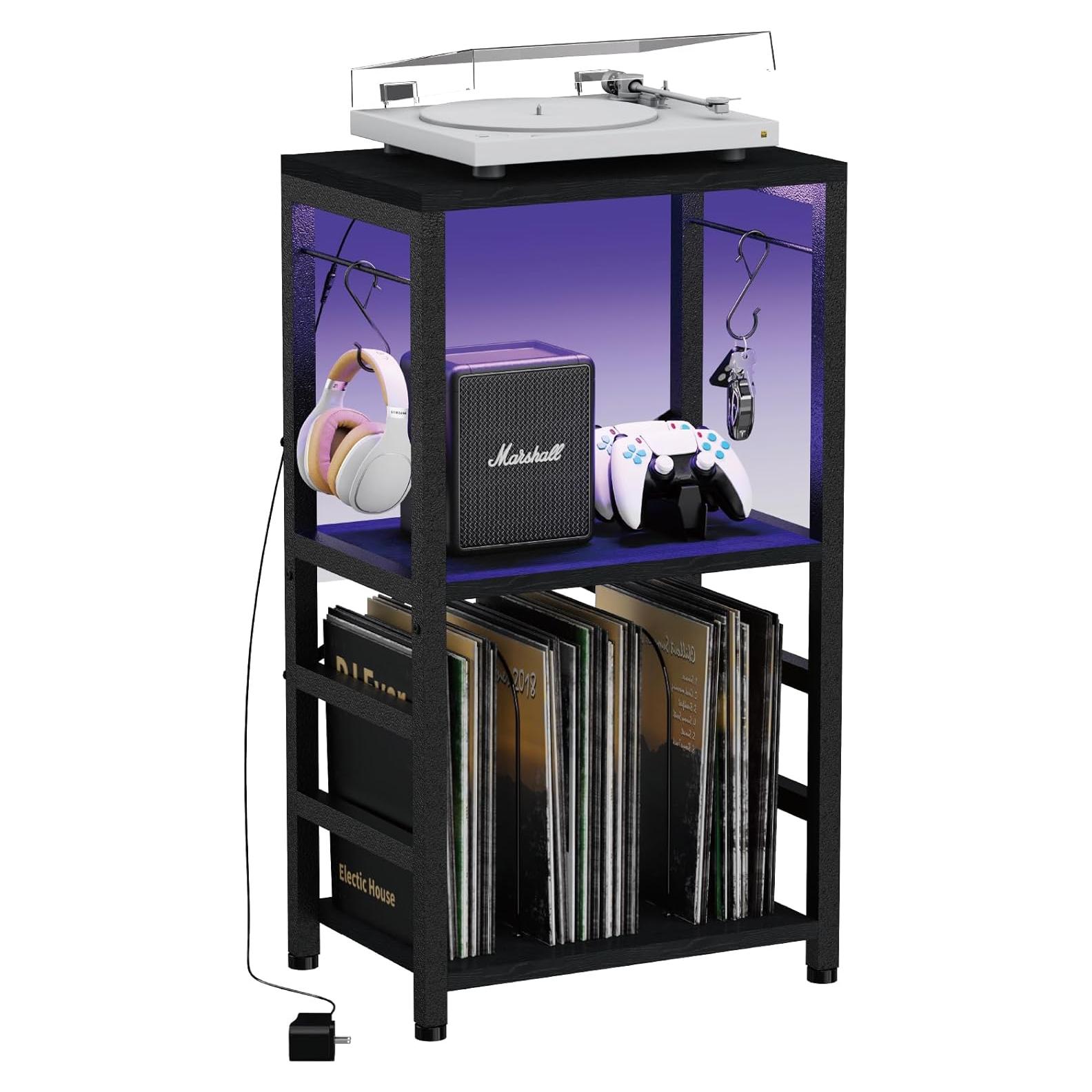 Mesa Lateral YAKANJ con Luz LED y Almacenamiento de Vinilos