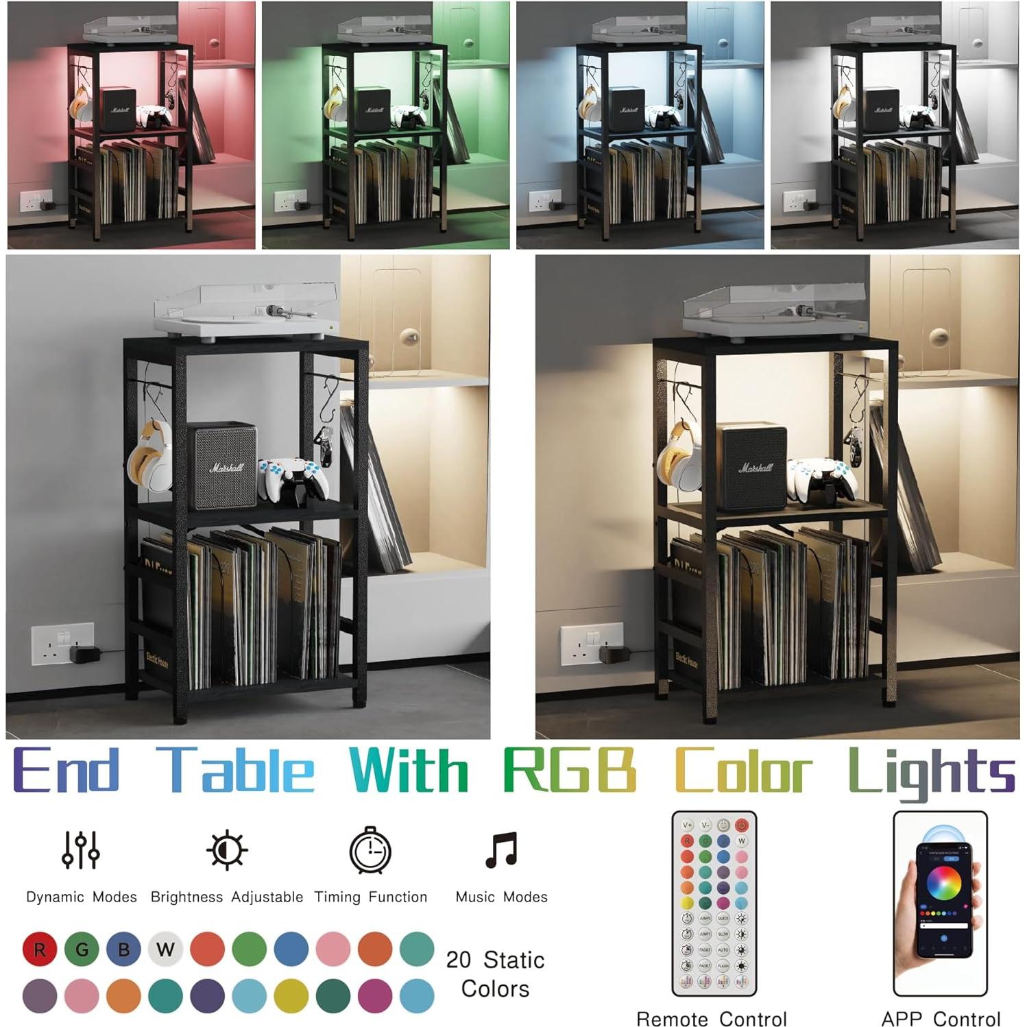 Mesa Lateral YAKANJ con Luz LED y Almacenamiento de Vinilos