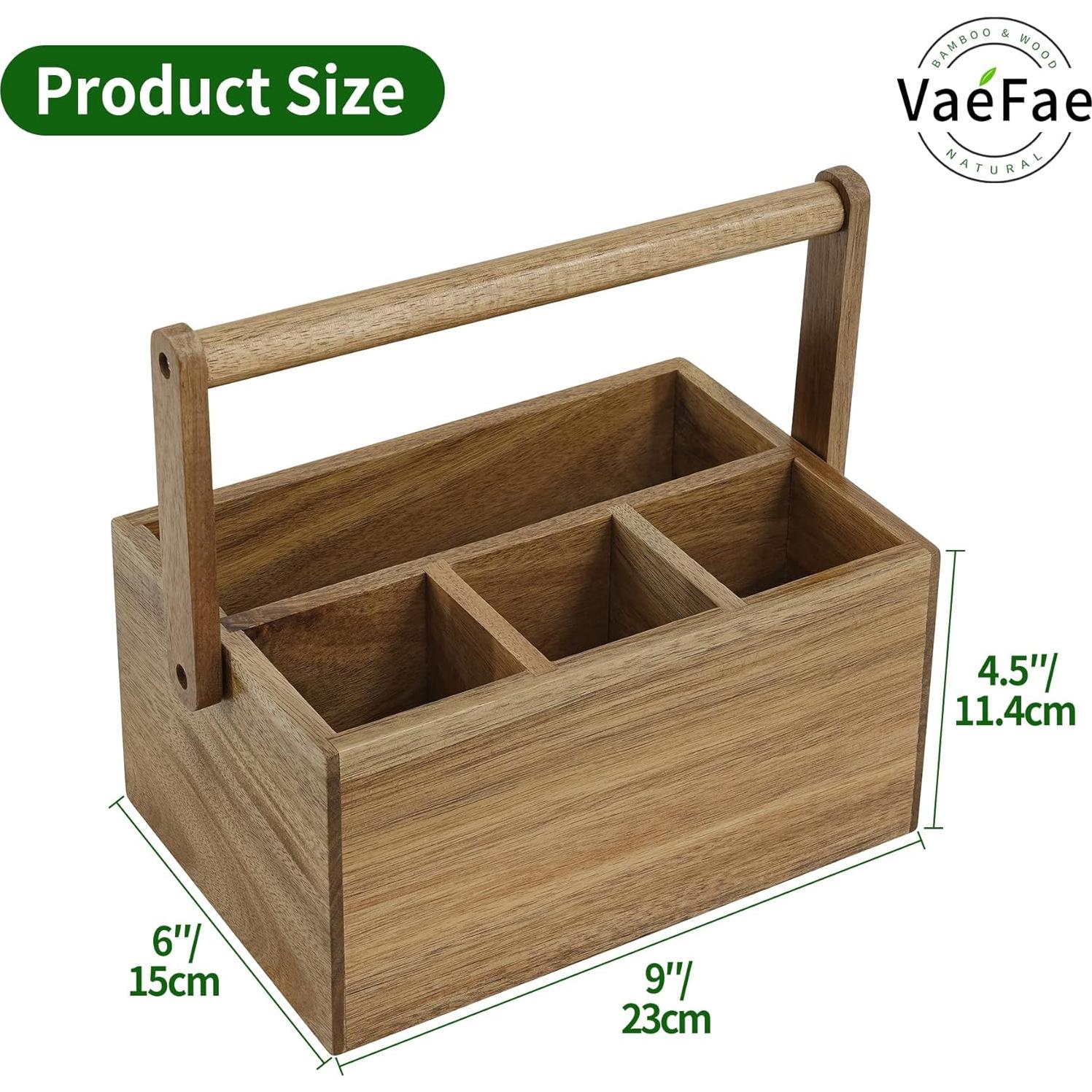 Caddy de Cubiertos VaeFae de Acacia con Mango - Organizador Multifuncional