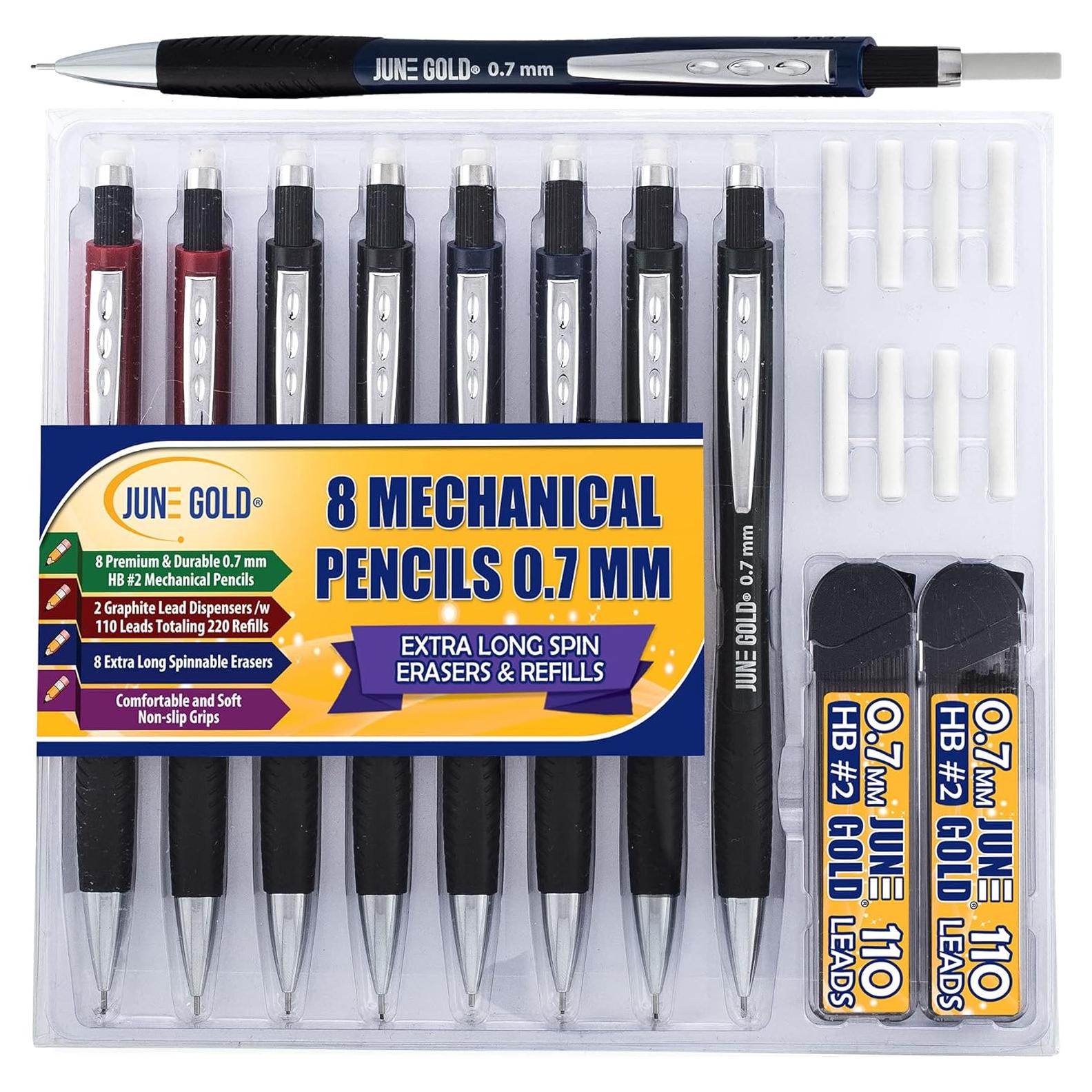 Paquete de 8 lápices mecánicos June Gold 0.7 mm con recargas