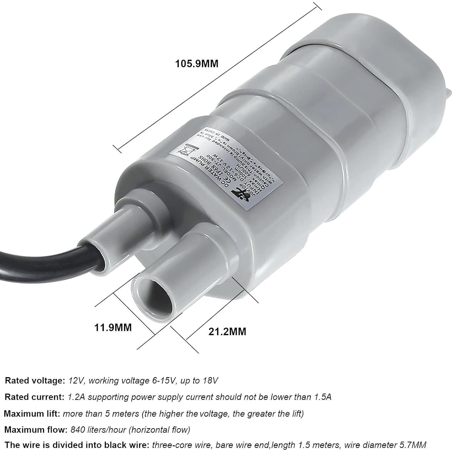 Bomba de Agua Sumergible Diitao 12V 600L/H 5M Altura